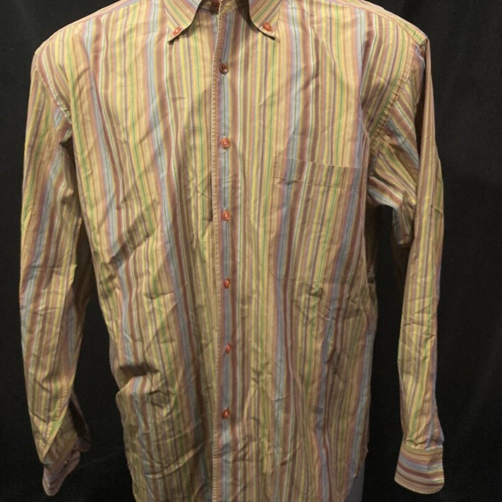 Mens Robert Talbott Carmel Shirt Candy Stripe Brown Oxford Button Down Large Men